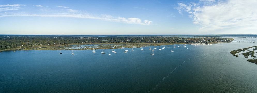 180 degree aerial view of Beaufort, South Carolina and surrounding harbor.