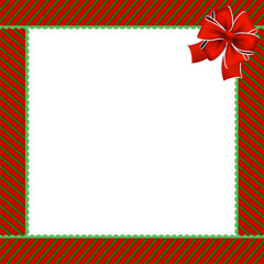 Cute Christmas or new year frame with green and red diagonal stripes and red festive ribbon in the corner. Vector illustration, template, border with space for text.