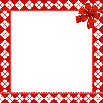 Cute Christmas or new year frame with red and white diamond pattern decorated with red ribbon in the corner. Vector illustration, border, template with copy space for design.