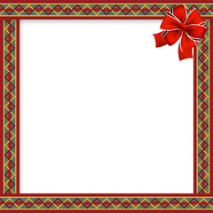 Cute christmas or new year frame with red, green, yellow zig zag pattern, red festive bow in the corner and space for text. Vector illustration, template, border for design. 