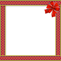 Cute christmas or new year frame with rhombus pattern, red bow in the corner and space for text. Vector illustration, template, border for design. 