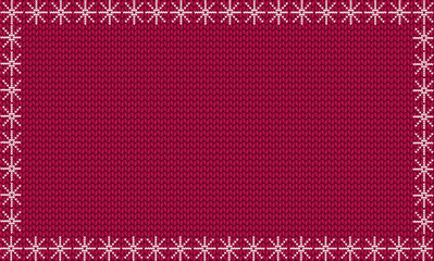 Burgundy festive knitted background framed with white snowflakes. Vector illustration, templatete, banner for design.
