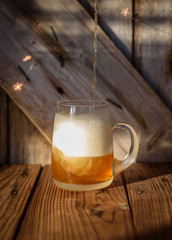 closeup of a large glass beer mug