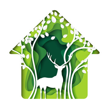 Green Living House With Deer And Tree Abstract Paper Art Background.Ecology And Environment Conservation With Nature Concept.Vector Illustration.