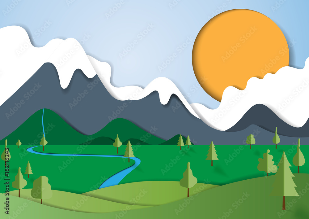 Aufkleber Nature landscape background paper art style with mountains,forest and river.Save the world and environment conservation concept.Vector illustration.