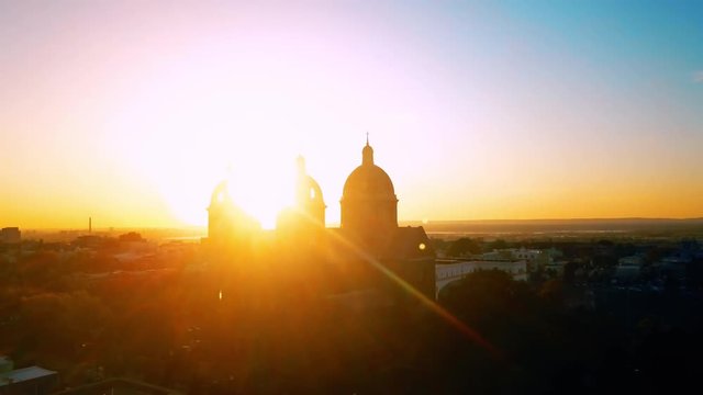 Aerial view Church at Sunset and sunbeams 4k