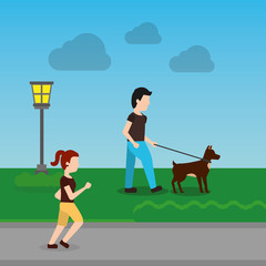 cartoon man walking with their dog in the park and woman running vector illustration