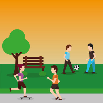 Man riding a bicycle Young man sitting on the bench and working with laptop and Running girl in the park. Vector flat style illustration