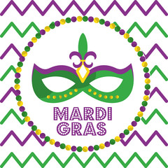 mardi gras carnival mask with feathers round beads and geometric background design vector illustration