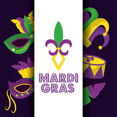 mardi gras card dot lettering flor de lis mask drum hat icons vector illustration © Gstudio