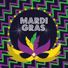 mardi gras carnival masks with feathers beads glowing design vector illustration