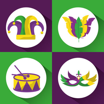 set colored mardi gras hat drum mask and feathers image vector illustration