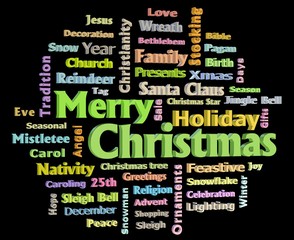 Merry Christmas 3D texts greetings word cloud facing right isolated on black