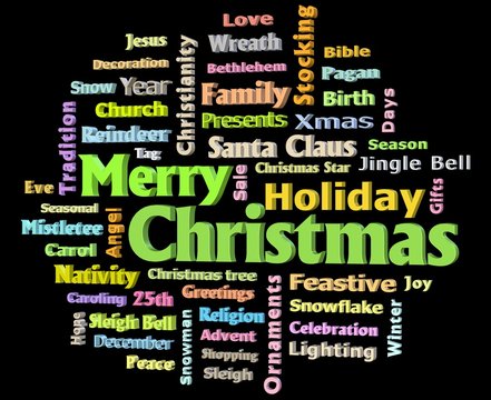 Merry Christmas 3D texts greetings word cloud facing left isolated on black