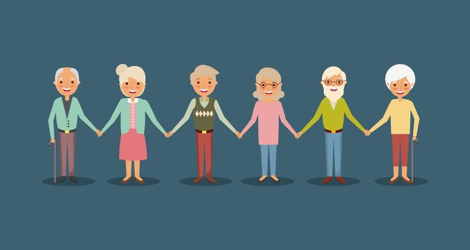 group elderly people holding hands smiling people cartoon vector illustration
