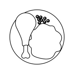 food plate chicken thigh with peas and rice in monochrome silhouette on white background vector illustration