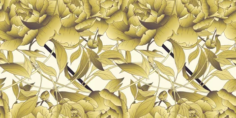 Fotobehang Seamless pattern, hand drawn golden Peony flowers with leaves and black line © momosama