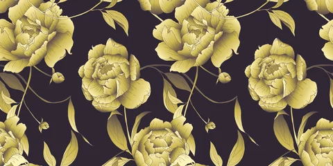 Schilderijen op glas Seamless pattern, hand drawn golden Peony flowers with leaves on dark background © momosama