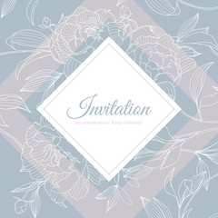 Hand drawn white Peony flowers with leaves and square frame on white background, invitation card design