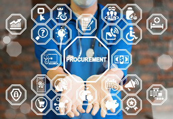 Doctor offers procurement text icon on a virtual interface. Procurement Healthcare concept....
