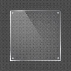 Vector realistic square glossy shape glass frame with small silver nails on transparent background. Glass element for banner design, advertising, web