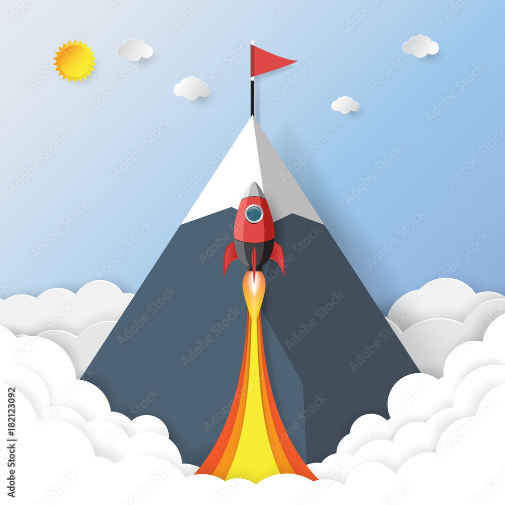 Poster rocket ship to red flag on the top of mountain with blue sky.business strategy to target concept des