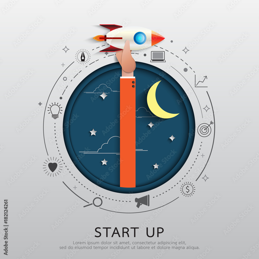 Poster start up business concept.rocket ship in flat line and paper art style design.vector illustration.