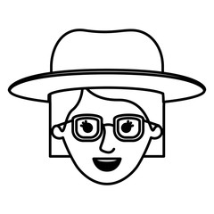 female face with glasses and hat and short straight hair in monochrome silhouette vector illustration