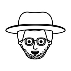 male face with glasses short hair and hat and beard style stubble in monochrome silhouette vector illustration