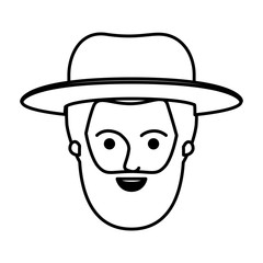 male face with short hair and hat and full beard style in monochrome silhouette vector illustration