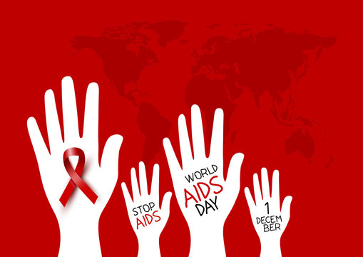 World aids day design of red ribbon on hand vector illustration