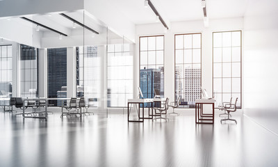 Office interior design in whire color and rays of light from win