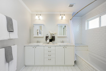 Modern Bathroom with double sink and bath tub.