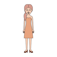 woman full body with strapless dress and heel shoes with pigtail hairstyle in colorful silhouette vector illustration