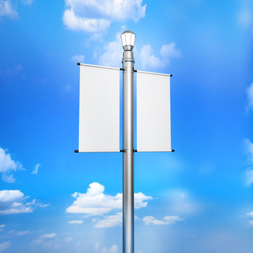 Blank white Lamp Post Banner poster 3d render for mock up and template design