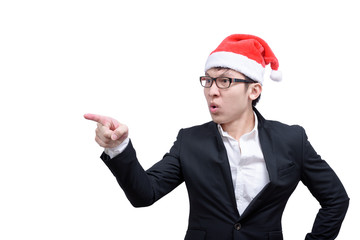 Business man has angry and upset with Christmas festival themes isolated on white background.