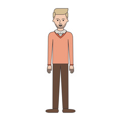 man full body with stubble beard and sweater and pants and shoes with side parted hairstyle in colorful silhouette vector illustration