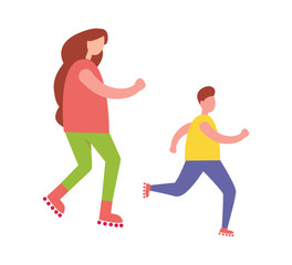 Mother and Son Rollerblading Isolated Illustration