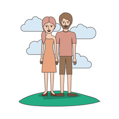 couple colorful scene outdoor and her with strapless dress and heel shoes with pigtail hairstyle and him with t-shirt and short pants and shoes with short hair and beard vector illustration