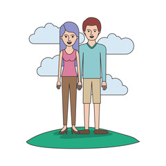 couple colorful scene outdoor and her with t-shirt sleeveless and pants and heel shoes with long straight hair and him with sweater and short pants and shoes with short hair vector illustration