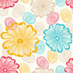 Seamless light background with flowers and spirals. Ideal for printing on fabric or paper. Vector illustration.