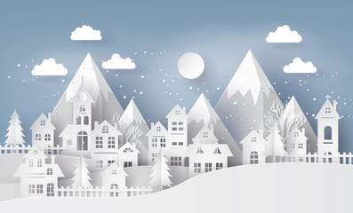 Illustration of cityscape with  Urban Countryside with full moon and snow, Merry Christmas and winter season , paper art and craft style.