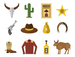 Wild west cowboy icons rodeo equipment and many different western accessories vector illustration