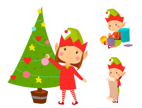Santa Claus kids cartoon elf helpers vector illustration children characters traditional costume