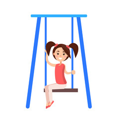 Little Girl with Ponytails Sits on BLue Swing