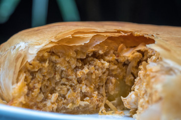 Close up Massaman Chicken Filo Pie. (selective focus)