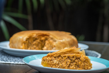 Close up Massaman Chicken Filo Pie. (selective focus)