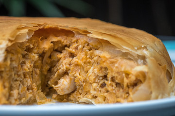 Close up Massaman Chicken Filo Pie. (selective focus)