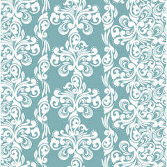 Seamless turquoise background with white pattern in baroque style. Vector retro illustration. Ideal for printing on fabric or paper.
