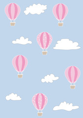 on the card many air balloons in the sky with clouds. pattern or print in textile. paint inn blue white and pink color.